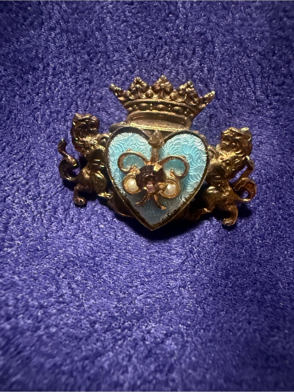 💙Vintage Alice Caviness Blue Enamel Heart Crown Brooch with Lion Accents